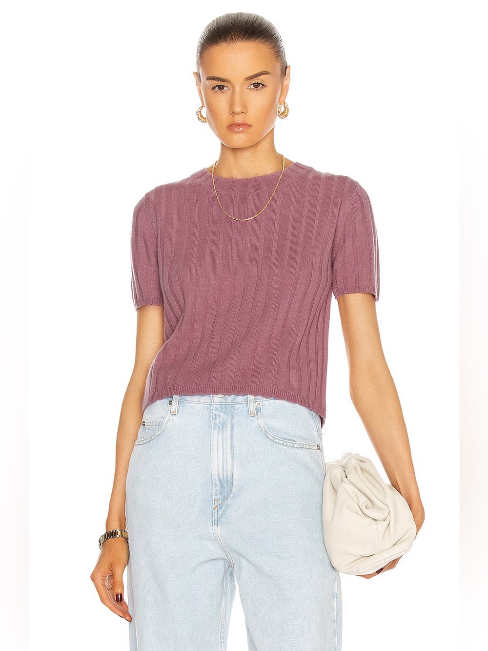 SABLYN Ethan 100% Cashmere Cropped Sweater T-Shirt in Rose Pink